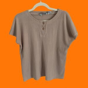 90's vintage taupe waffle knit henley boxy top SMALL